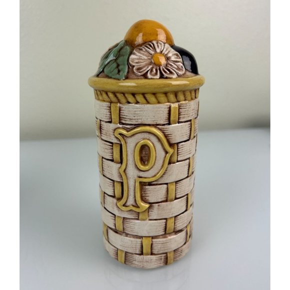 Vintage Tall Basket Weave Ceramic Salt & Pepper Shakers Floral Fruit Retro Home - Picture 7 of 13
